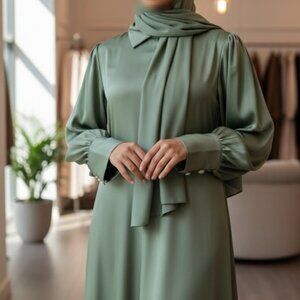 Dark Sage Full Sleeve Satin Dress with Belt